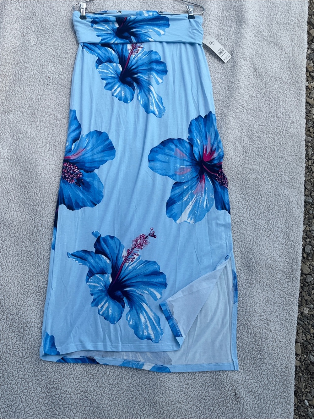 Light Blue Tropical Maxi Skirt with Bold Blue Hibiscus Print side slit